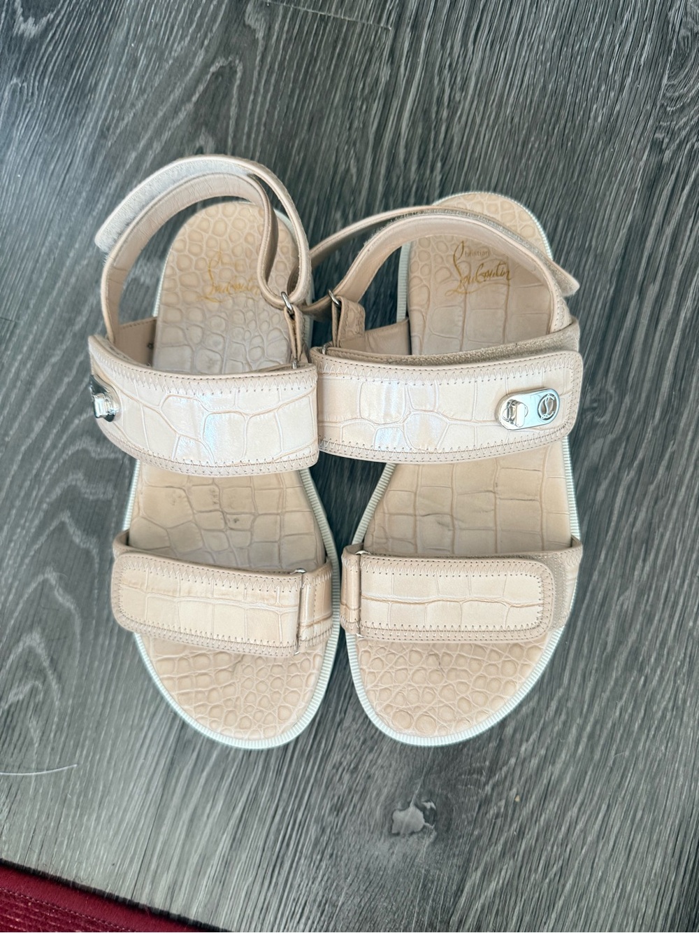 Christian Louboutin Lock Cool Flat Croc Leather Sandals Nougat EU 38.5 US 8.5